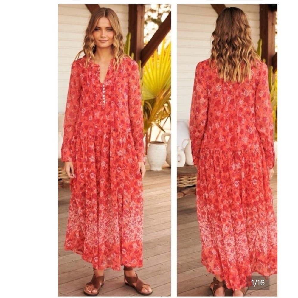 Free People Orange Pink Floral Long Sleeve Maxi Dress XS Boho Tiered Pleated